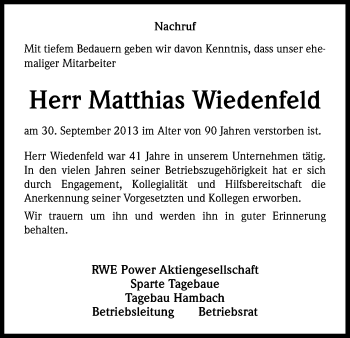 Anzeige von Matthias Wiedenfeld von Kölner Stadt-Anzeiger / Kölnische Rundschau / Express
