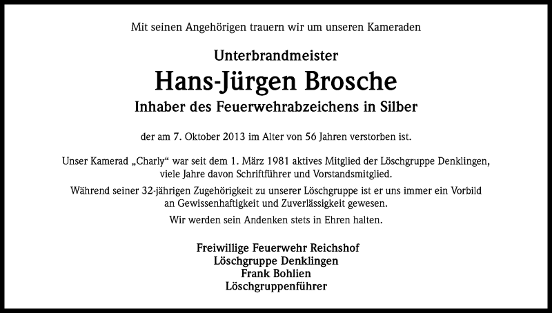 Traueranzeige für Hans-Jürgen Brosche vom 12.10.2013 aus Kölner Stadt-Anzeiger / Kölnische Rundschau / Express