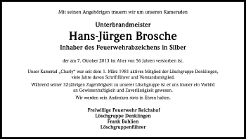 Anzeige von Hans-Jürgen Brosche von Kölner Stadt-Anzeiger / Kölnische Rundschau / Express