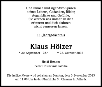 Anzeige von Klaus Hölzer von Kölner Stadt-Anzeiger / Kölnische Rundschau / Express
