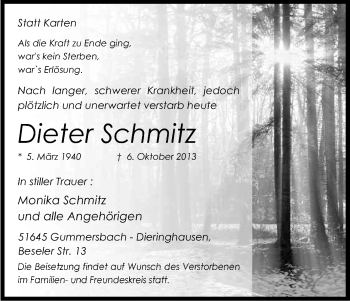 Anzeige von Dieter Schmitz von Kölner Stadt-Anzeiger / Kölnische Rundschau / Express