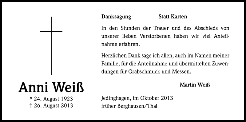  Traueranzeige für Anni Weiß vom 12.10.2013 aus Kölner Stadt-Anzeiger / Kölnische Rundschau / Express