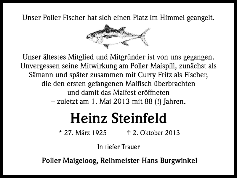  Traueranzeige für Heinz Steinfeld vom 12.10.2013 aus Kölner Stadt-Anzeiger / Kölnische Rundschau / Express