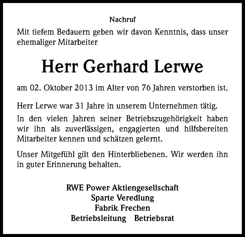  Traueranzeige für Gerhard Lerwe vom 17.10.2013 aus Kölner Stadt-Anzeiger / Kölnische Rundschau / Express