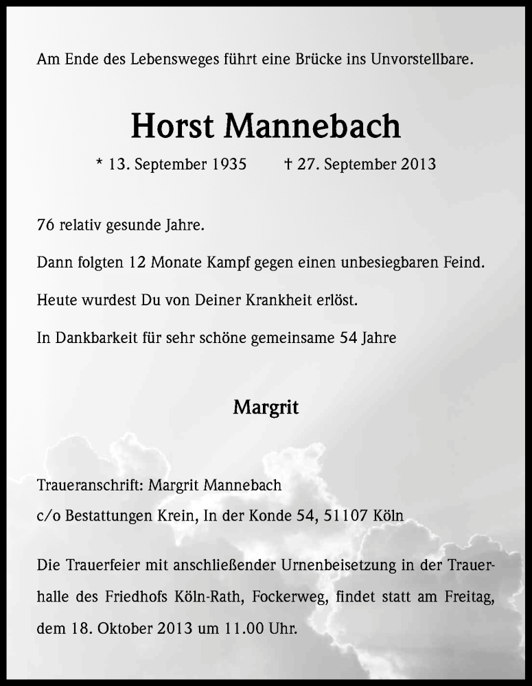  Traueranzeige für Horst Mannebach vom 12.10.2013 aus Kölner Stadt-Anzeiger / Kölnische Rundschau / Express