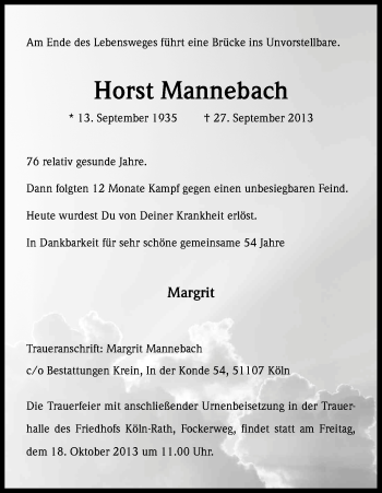 Anzeige von Horst Mannebach von Kölner Stadt-Anzeiger / Kölnische Rundschau / Express
