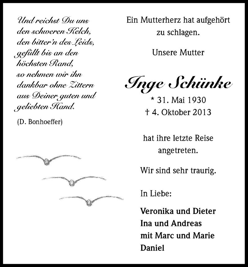  Traueranzeige für Inge Schünke vom 23.10.2013 aus Kölner Stadt-Anzeiger / Kölnische Rundschau / Express