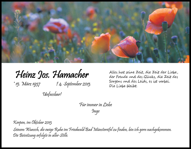  Traueranzeige für Heinz Hamacher vom 14.10.2013 aus Kölner Stadt-Anzeiger / Kölnische Rundschau / Express