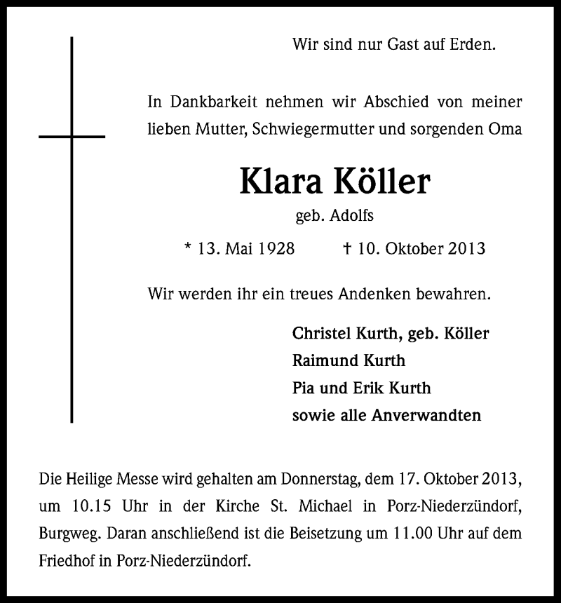  Traueranzeige für Klara Köller vom 12.10.2013 aus Kölner Stadt-Anzeiger / Kölnische Rundschau / Express