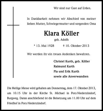 Anzeige von Klara Köller von Kölner Stadt-Anzeiger / Kölnische Rundschau / Express
