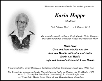 Anzeige von Karin Hoppe von Kölner Stadt-Anzeiger / Kölnische Rundschau / Express