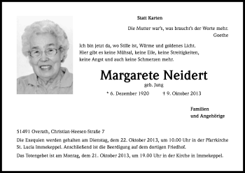 Anzeige von Margarete Neidert von Kölner Stadt-Anzeiger / Kölnische Rundschau / Express