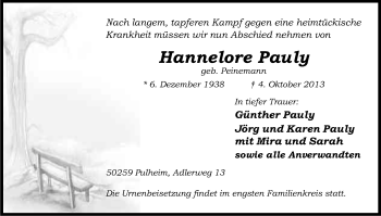Anzeige von Hannelore Pauly von Kölner Stadt-Anzeiger / Kölnische Rundschau / Express