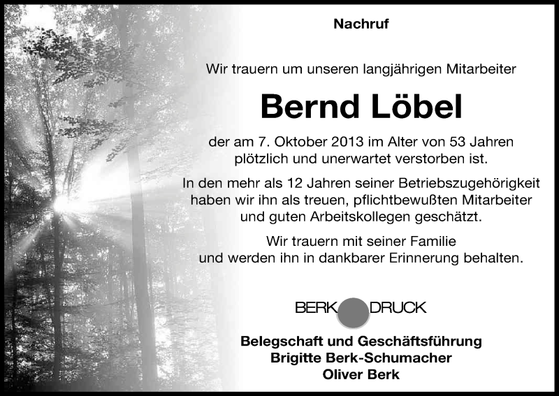  Traueranzeige für Bernd Löbel vom 12.10.2013 aus Kölner Stadt-Anzeiger / Kölnische Rundschau / Express