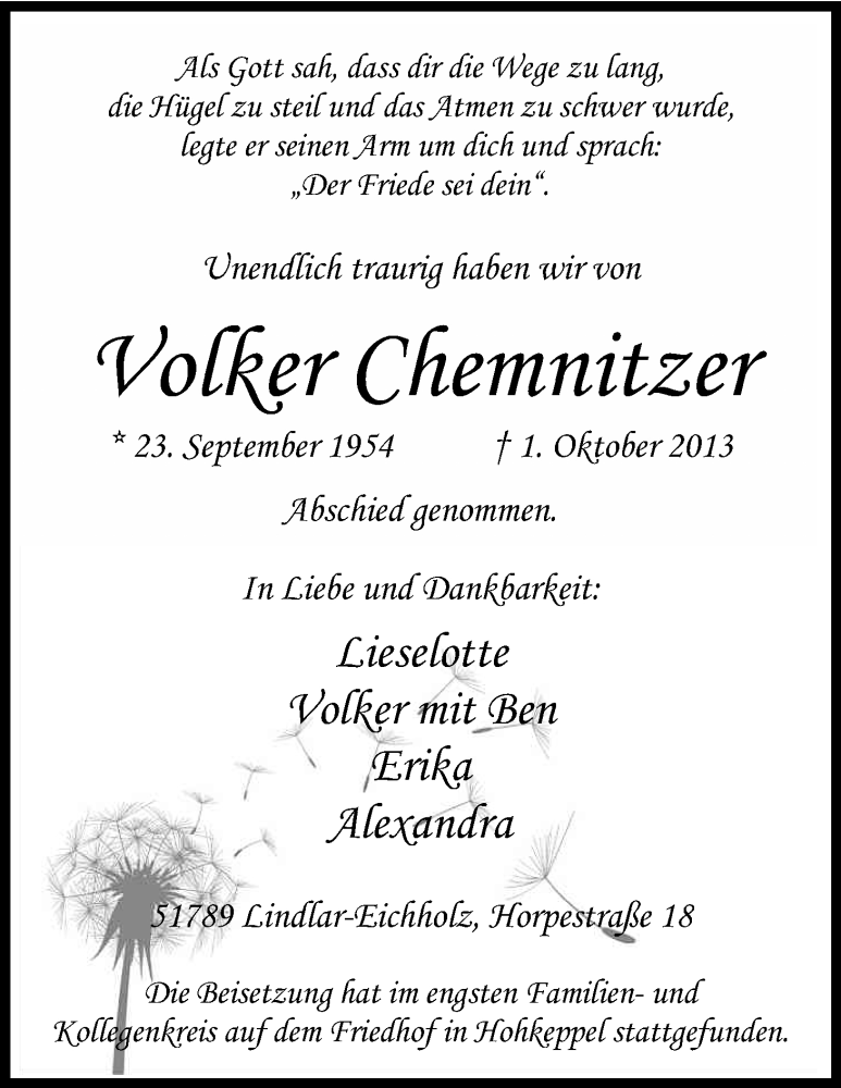  Traueranzeige für Volker Chemnitzer vom 12.10.2013 aus Kölner Stadt-Anzeiger / Kölnische Rundschau / Express
