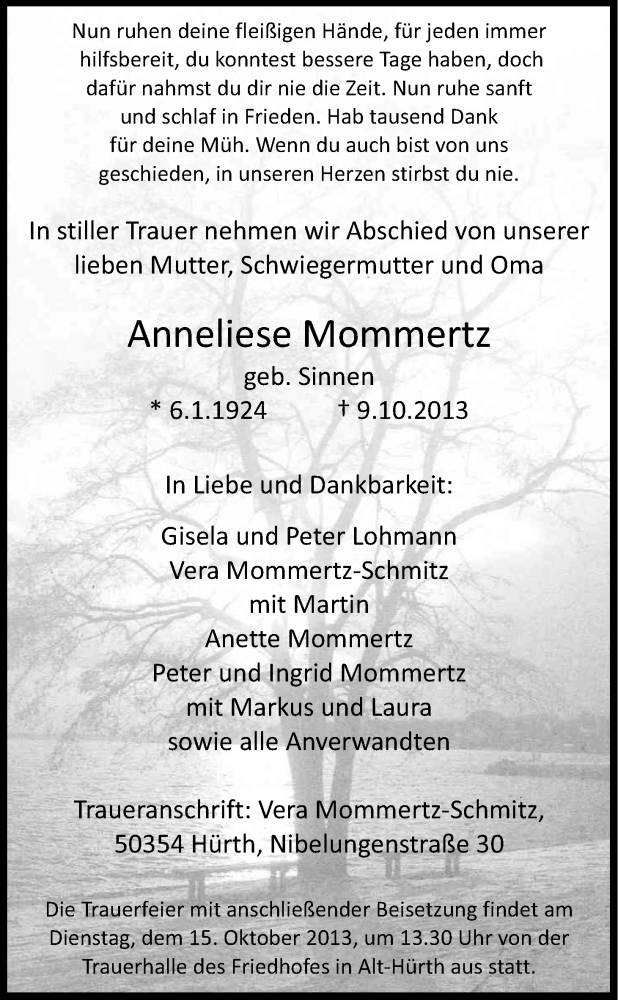  Traueranzeige für Anneliese Mommertz vom 12.10.2013 aus Kölner Stadt-Anzeiger / Kölnische Rundschau / Express