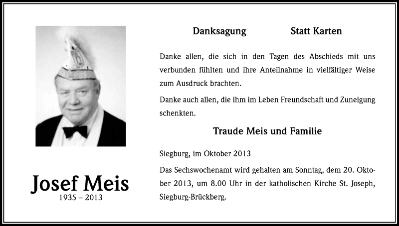  Traueranzeige für Josef Meis vom 12.10.2013 aus Kölner Stadt-Anzeiger / Kölnische Rundschau / Express