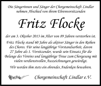 Anzeige von Fritz Flocke von Kölner Stadt-Anzeiger / Kölnische Rundschau / Express