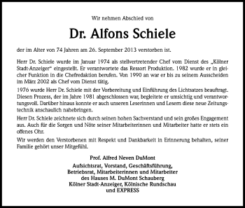 Anzeige von Alfons Schiele von Kölner Stadt-Anzeiger / Kölnische Rundschau / Express