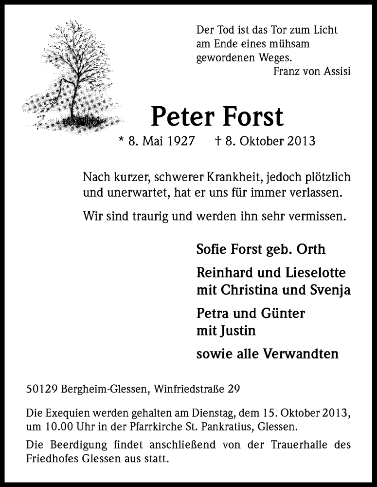  Traueranzeige für Peter Forst vom 12.10.2013 aus Kölner Stadt-Anzeiger / Kölnische Rundschau / Express