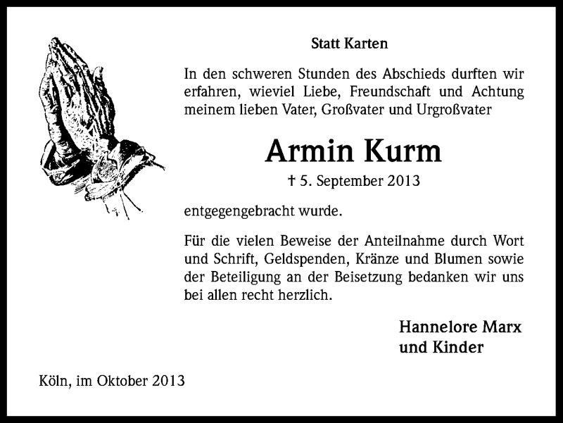 Traueranzeige für Armin Kurm vom 12.10.2013 aus Kölner Stadt-Anzeiger / Kölnische Rundschau / Express