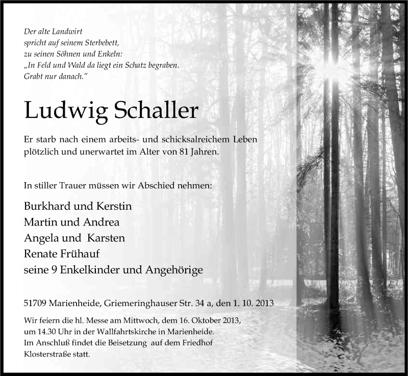  Traueranzeige für Ludwig Schaller vom 12.10.2013 aus Kölner Stadt-Anzeiger / Kölnische Rundschau / Express