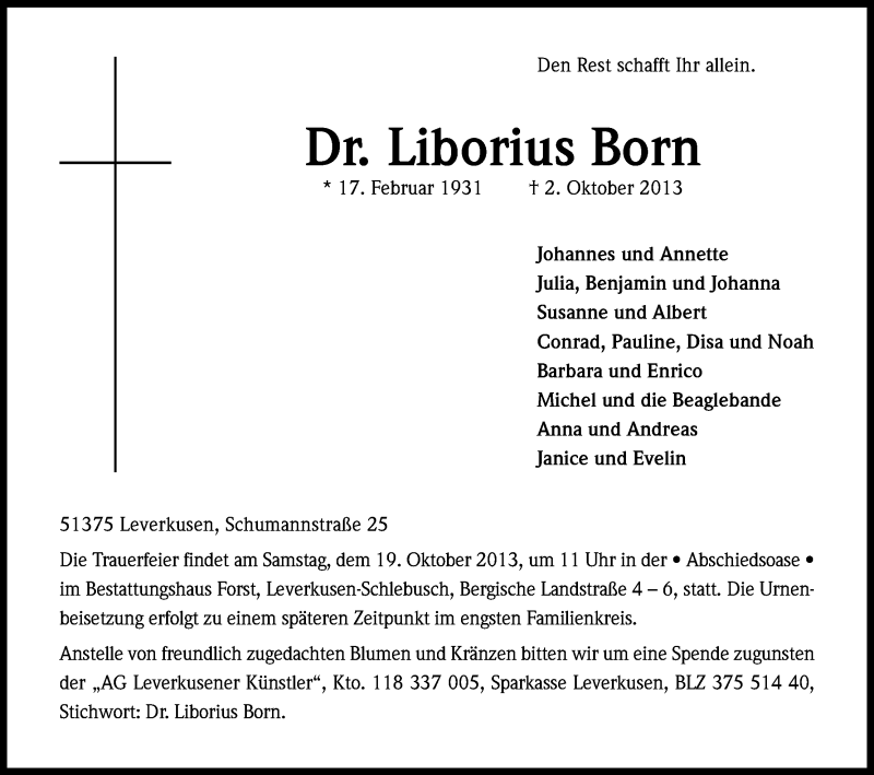  Traueranzeige für Liborius Born vom 12.10.2013 aus Kölner Stadt-Anzeiger / Kölnische Rundschau / Express