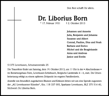 Anzeige von Liborius Born von Kölner Stadt-Anzeiger / Kölnische Rundschau / Express