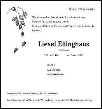 Anzeige von Liesel Ellinghaus von Kölner Stadt-Anzeiger / Kölnische Rundschau / Express