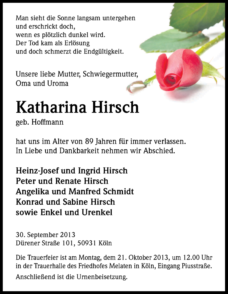  Traueranzeige für Katharina Hirsch vom 12.10.2013 aus Kölner Stadt-Anzeiger / Kölnische Rundschau / Express