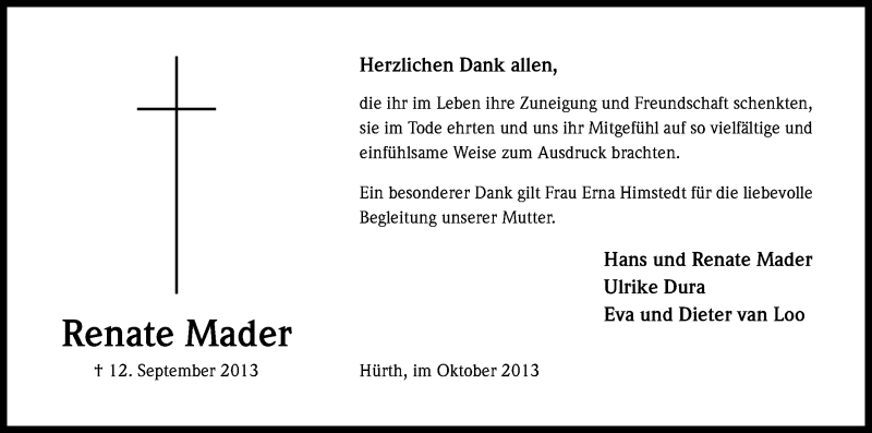  Traueranzeige für Renate Mader vom 12.10.2013 aus Kölner Stadt-Anzeiger / Kölnische Rundschau / Express