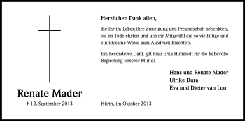 Anzeige von Renate Mader von Kölner Stadt-Anzeiger / Kölnische Rundschau / Express