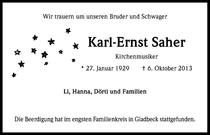  Traueranzeige für Karl-Ernst Saher vom 12.10.2013 aus Kölner Stadt-Anzeiger / Kölnische Rundschau / Express