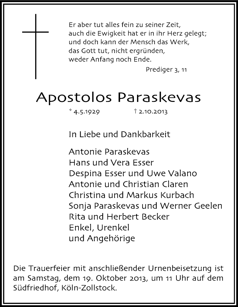  Traueranzeige für Apostolos Paraskevas vom 12.10.2013 aus Kölner Stadt-Anzeiger / Kölnische Rundschau / Express