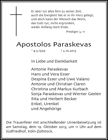 Anzeige von Apostolos Paraskevas von Kölner Stadt-Anzeiger / Kölnische Rundschau / Express