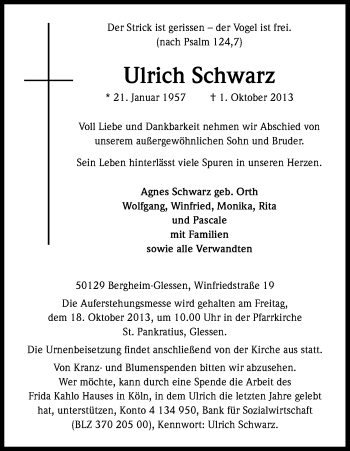 Anzeige von Ulrich Schwarz von Kölner Stadt-Anzeiger / Kölnische Rundschau / Express