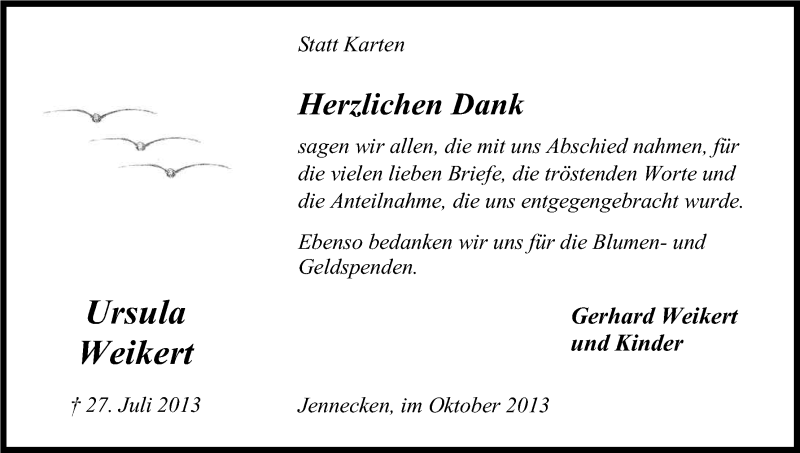  Traueranzeige für Ursula Weikert vom 12.10.2013 aus Kölner Stadt-Anzeiger / Kölnische Rundschau / Express