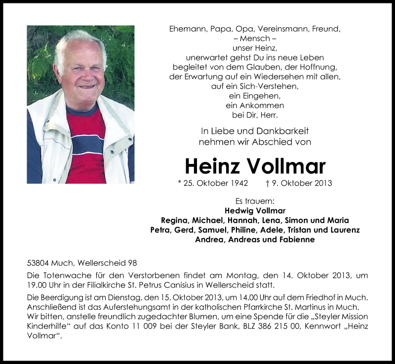  Traueranzeige für Heinz Vollmar vom 12.10.2013 aus Kölner Stadt-Anzeiger / Kölnische Rundschau / Express