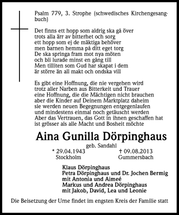Anzeige von Aina Gunilla Dörpinghaus von Kölner Stadt-Anzeiger / Kölnische Rundschau / Express
