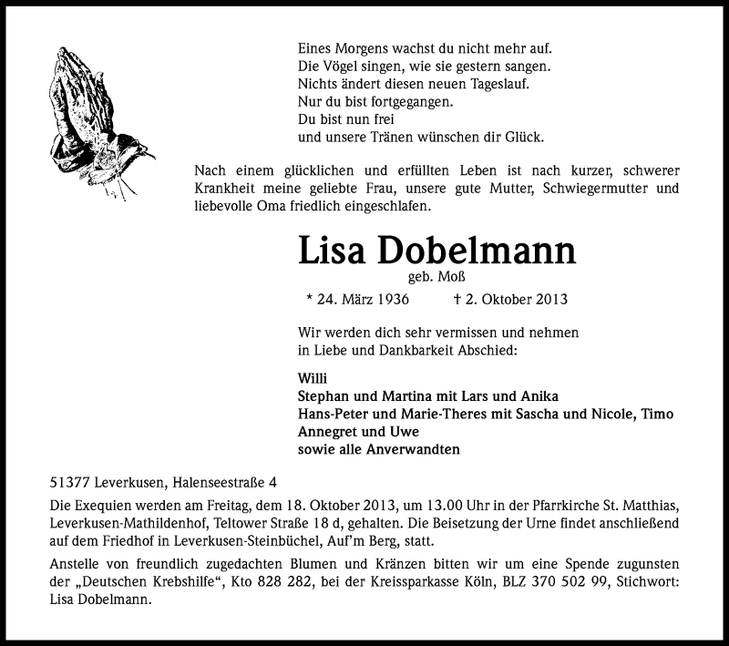  Traueranzeige für Lisa Dobelmann vom 14.10.2013 aus Kölner Stadt-Anzeiger / Kölnische Rundschau / Express