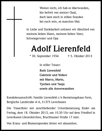 Anzeige von Adolf Lierenfeld von Kölner Stadt-Anzeiger / Kölnische Rundschau / Express