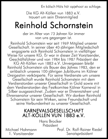 Anzeige von Reinhold Schornstein von Kölner Stadt-Anzeiger / Kölnische Rundschau / Express