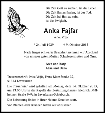 Anzeige von Anka Fajfar von Kölner Stadt-Anzeiger / Kölnische Rundschau / Express