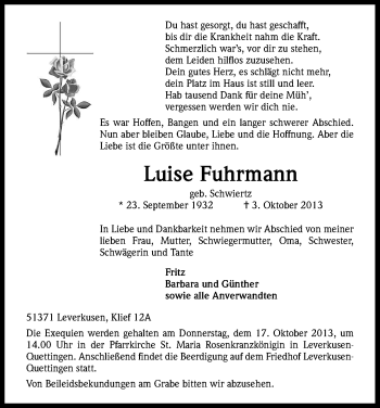 Anzeige von Luise Fuhrmann von Kölner Stadt-Anzeiger / Kölnische Rundschau / Express