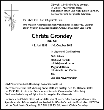 Anzeige von Christa Gronday von Kölner Stadt-Anzeiger / Kölnische Rundschau / Express