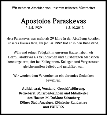 Anzeige von Apostolos Paraskevas von Kölner Stadt-Anzeiger / Kölnische Rundschau / Express