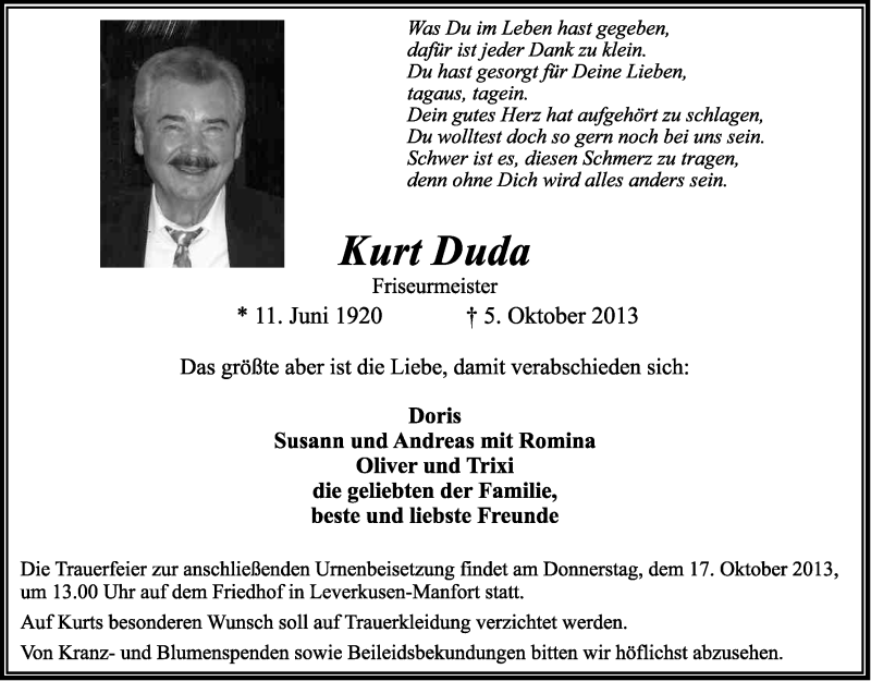  Traueranzeige für Kurt Duda vom 12.10.2013 aus Kölner Stadt-Anzeiger / Kölnische Rundschau / Express