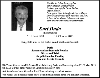 Anzeige von Kurt Duda von Kölner Stadt-Anzeiger / Kölnische Rundschau / Express