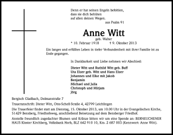 Anzeige von Anne Witt von Kölner Stadt-Anzeiger / Kölnische Rundschau / Express