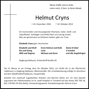 Anzeige von Helmut Cryns von Kölner Stadt-Anzeiger / Kölnische Rundschau / Express